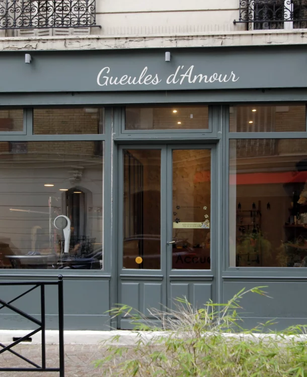 Façade rénovée d'un salon de toilettage pour chiens à Courbevoie, modernisé par une architecte d'intérieur.